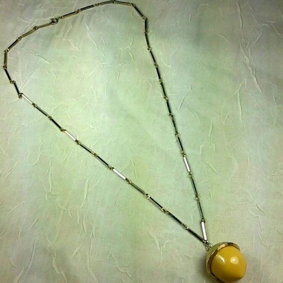 Vintage 80s Long Acorn Pendant Necklace Ceramic Porcelain Gold Estate Statement - Picture 3 of 3